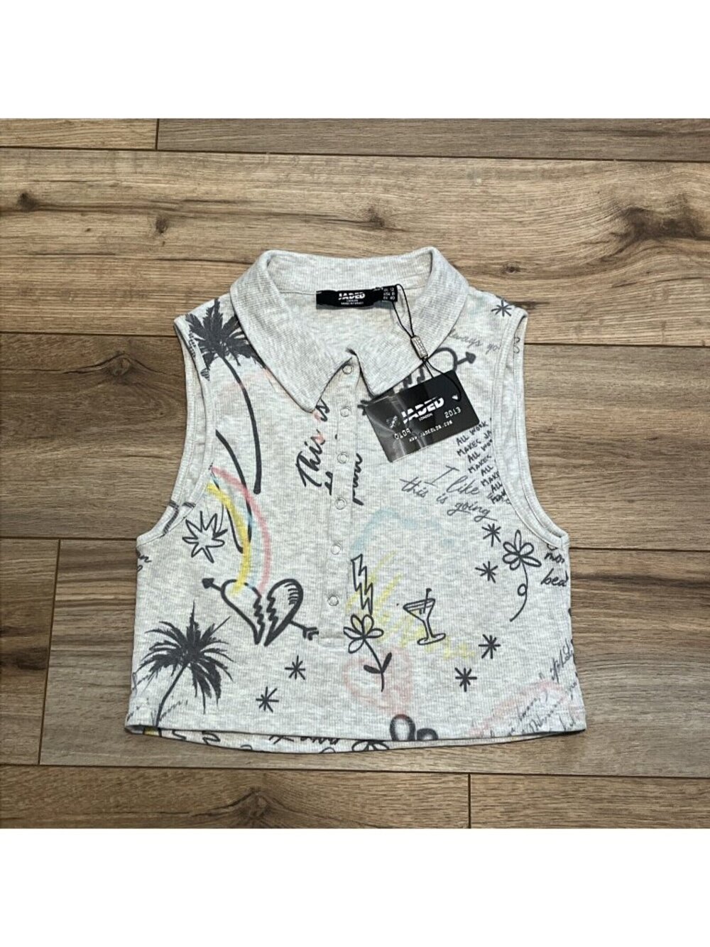 Jaded London Doodle Graffiti Rib Halter Top SZ 8 Gray Crop Collared Stretch Tank